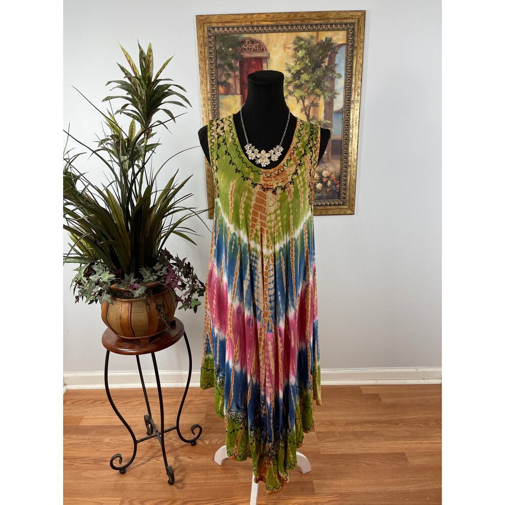 Boho Tie Dye Maxi Dress Free Size Sleeveless Viscose India Flowy